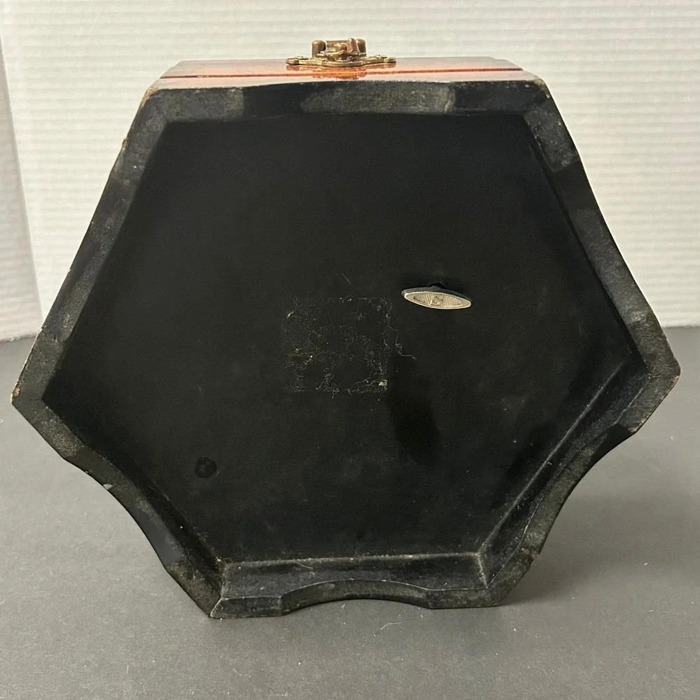 Vintage Music Jewelry Box Inlaid Heart Hexagon Hinged Lid with Mirror 8.5x7.5x3